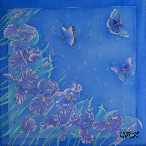 Батик платок «Синие ирисы». Шелковый платок ручной работы.
