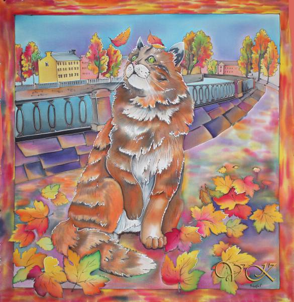 Батик платок «Осенний котик». Шелковый платок ручной работы.